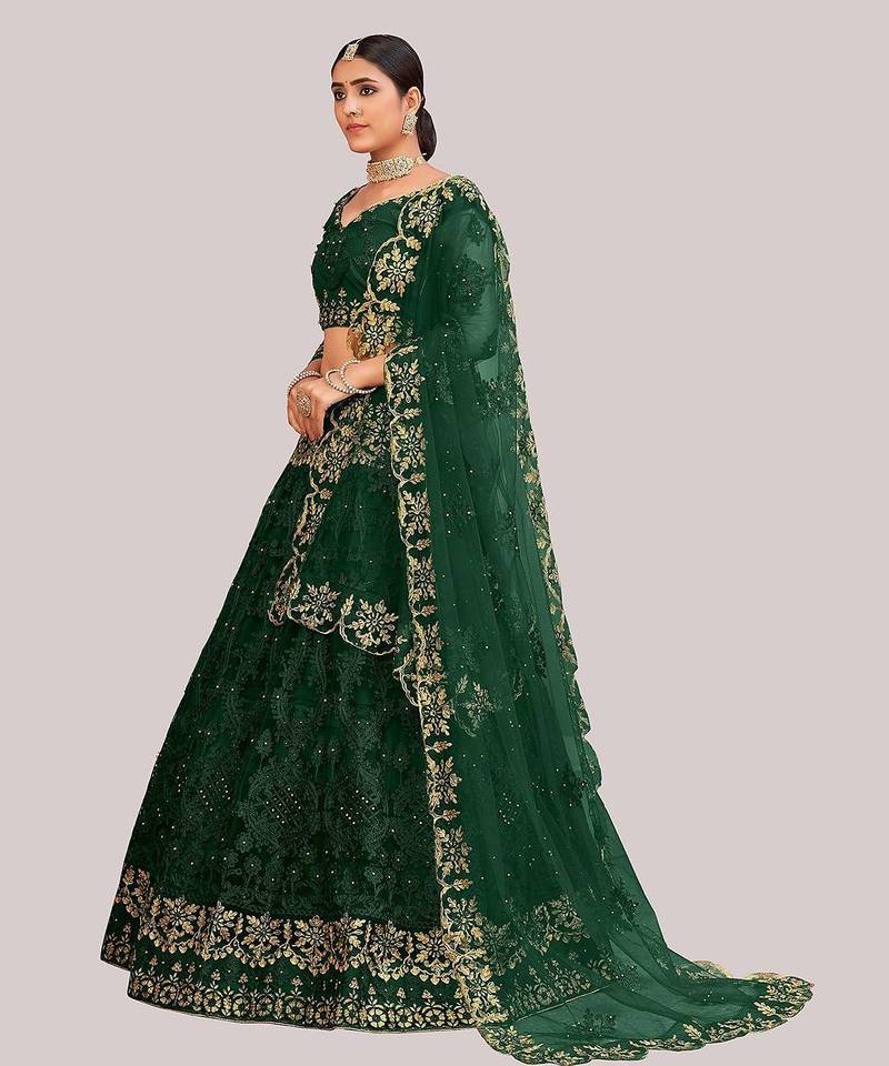 Green & Gold-Toned Embroidered Thread Work Semi-Stitched Lehenga Choli Set