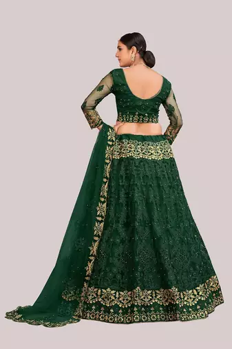 Green & Gold-Toned Embroidered Thread Work Semi-Stitched Lehenga Choli Set