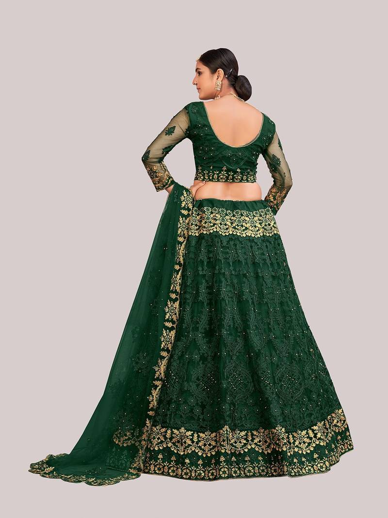 Green & Gold-Toned Embroidered Thread Work Semi-Stitched Lehenga Choli Set