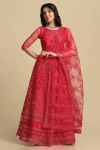 Pink Embroidered Thread Work Semi-Stitched Lehenga & Unstitched Blouse With Dupatta