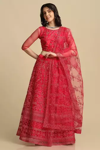 Pink Embroidered Thread Work Semi-Stitched Lehenga & Unstitched Blouse With Dupatta