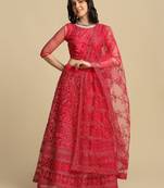 Pink Embroidered Thread Work Semi-Stitched Lehenga & Unstitched Blouse With Dupatta