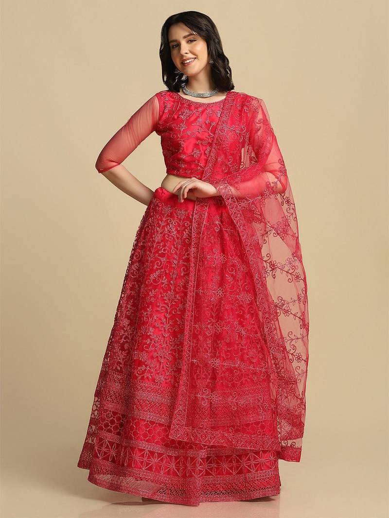 Pink Embroidered Thread Work Semi-Stitched Lehenga & Unstitched Blouse With Dupatta