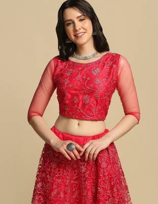 Pink Embroidered Thread Work Semi-Stitched Lehenga & Unstitched Blouse With Dupatta 2
