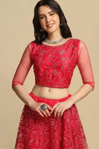 Pink Embroidered Thread Work Semi-Stitched Lehenga & Unstitched Blouse With Dupatta
