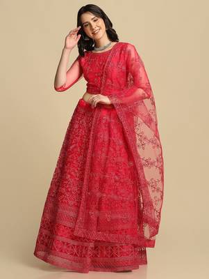 Pink Embroidered Thread Work Semi-Stitched Lehenga & Unstitched Blouse With Dupatta 3