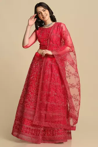 Pink Embroidered Thread Work Semi-Stitched Lehenga & Unstitched Blouse With Dupatta