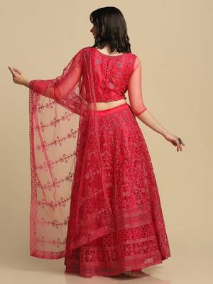 Pink Embroidered Thread Work Semi-Stitched Lehenga & Unstitched Blouse With Dupatta 4