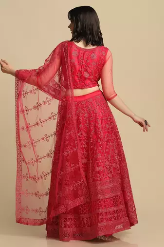 Pink Embroidered Thread Work Semi-Stitched Lehenga & Unstitched Blouse With Dupatta