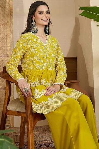 Embroidered v- neck kurta & palazzos