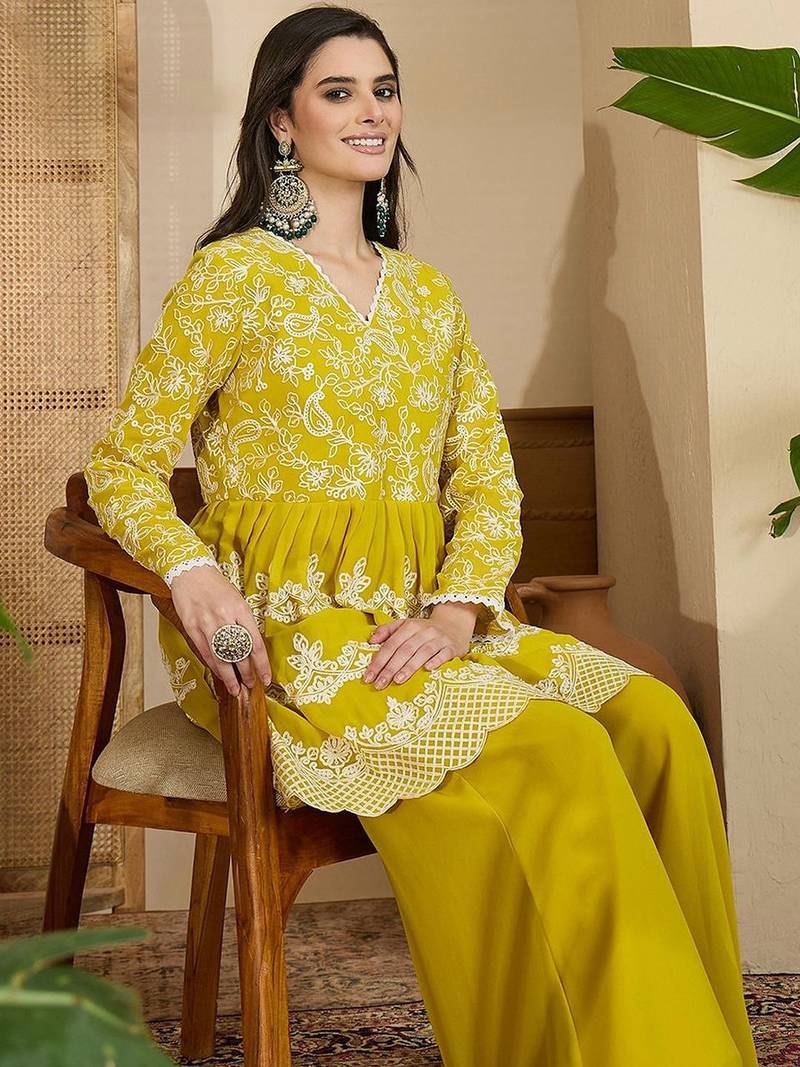Embroidered v- neck kurta & palazzos