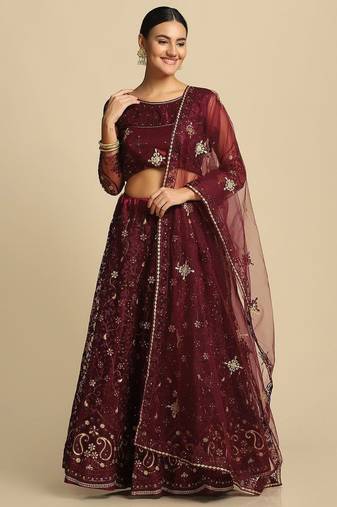 Purple & Gold-Toned Thread Work Semi-Stitched Lehenga & Unstitched Blouse