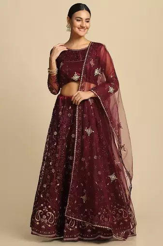 Purple & Gold-Toned Thread Work Semi-Stitched Lehenga & Unstitched Blouse