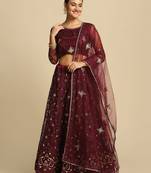 Purple & Gold-Toned Thread Work Semi-Stitched Lehenga & Unstitched Blouse