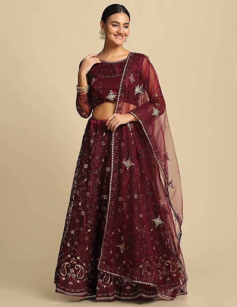 Purple & Gold-Toned Thread Work Semi-Stitched Lehenga & Unstitched Blouse
