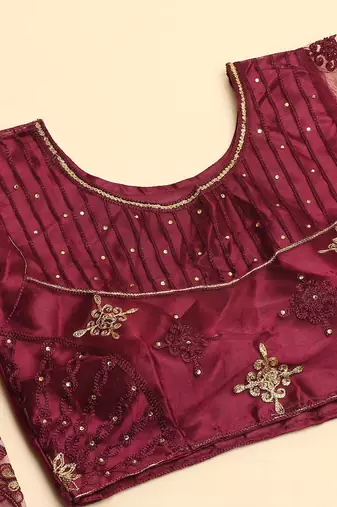 Purple & Gold-Toned Thread Work Semi-Stitched Lehenga & Unstitched Blouse