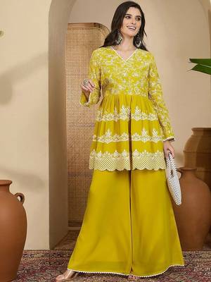 Embroidered v- neck kurta & palazzos 3