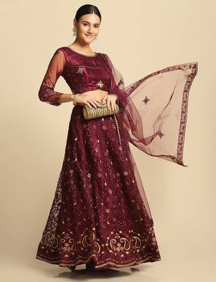 Purple & Gold-Toned Thread Work Semi-Stitched Lehenga & Unstitched Blouse 4