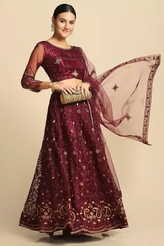 Purple & Gold-Toned Thread Work Semi-Stitched Lehenga & Unstitched Blouse