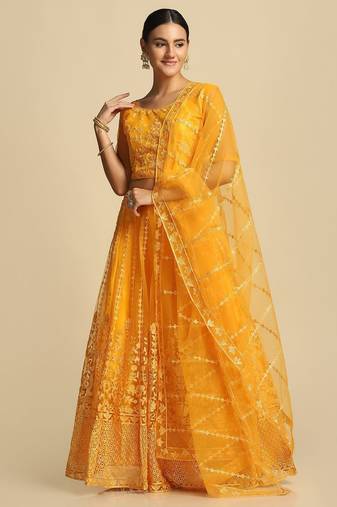 Yellow Embroidered Thread Work Tie and Dye Semi-Stitched Lehenga & Unstitched Blouse With Dupatta
