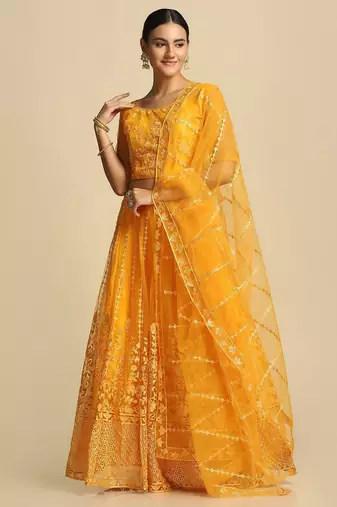 Yellow Embroidered Thread Work Tie and Dye Semi-Stitched Lehenga & Unstitched Blouse With Dupatta
