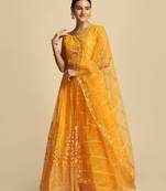 Yellow Embroidered Thread Work Tie and Dye Semi-Stitched Lehenga & Unstitched Blouse With Dupatta