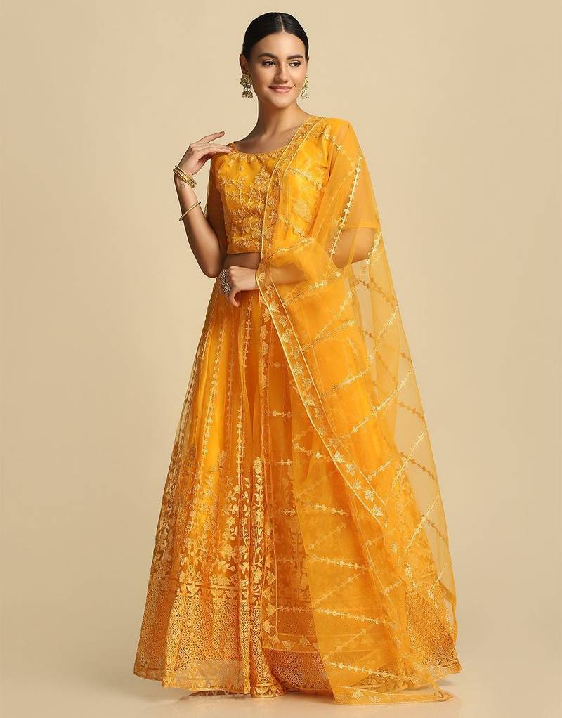 Yellow Embroidered Thread Work Tie and Dye Semi-Stitched Lehenga & Unstitched Blouse With Dupatta