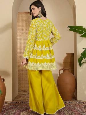 Embroidered v- neck kurta & palazzos 5
