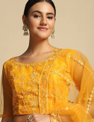 Yellow Embroidered Thread Work Tie and Dye Semi-Stitched Lehenga & Unstitched Blouse With Dupatta 2