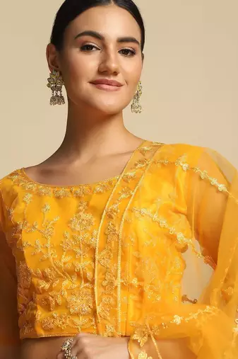 Yellow Embroidered Thread Work Tie and Dye Semi-Stitched Lehenga & Unstitched Blouse With Dupatta