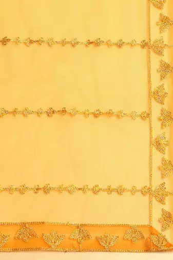 Yellow Embroidered Thread Work Tie and Dye Semi-Stitched Lehenga & Unstitched Blouse With Dupatta