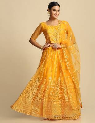 Yellow Embroidered Thread Work Tie and Dye Semi-Stitched Lehenga & Unstitched Blouse With Dupatta 4