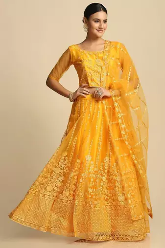 Yellow Embroidered Thread Work Tie and Dye Semi-Stitched Lehenga & Unstitched Blouse With Dupatta