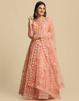 Peach-Coloured Embroidered  Semi-Stitched Lehenga & Unstitched Blouse & Dupatta 1