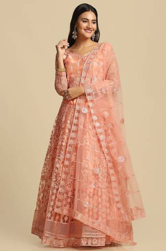Peach-Coloured Embroidered  Semi-Stitched Lehenga & Unstitched Blouse & Dupatta