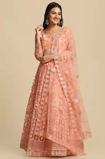 Peach-Coloured Embroidered  Semi-Stitched Lehenga & Unstitched Blouse & Dupatta