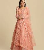 Peach-Coloured Embroidered  Semi-Stitched Lehenga & Unstitched Blouse & Dupatta