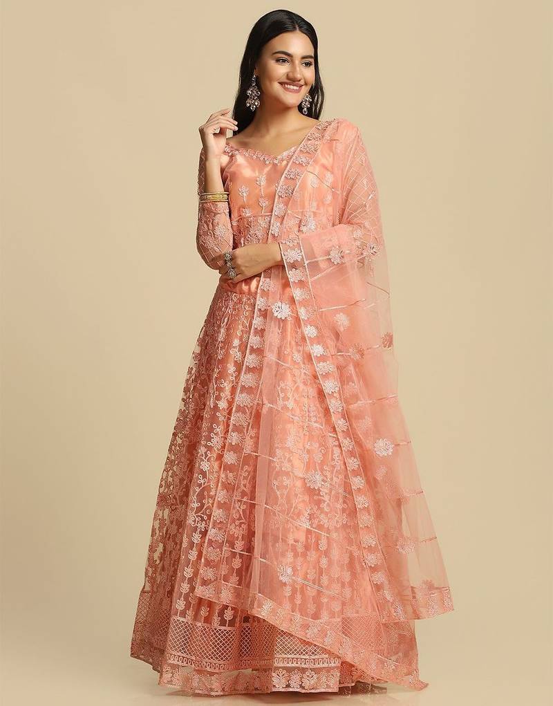 Peach-Coloured Embroidered  Semi-Stitched Lehenga & Unstitched Blouse & Dupatta