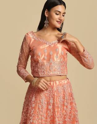 Peach-Coloured Embroidered  Semi-Stitched Lehenga & Unstitched Blouse & Dupatta 2
