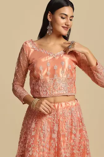 Peach-Coloured Embroidered  Semi-Stitched Lehenga & Unstitched Blouse & Dupatta