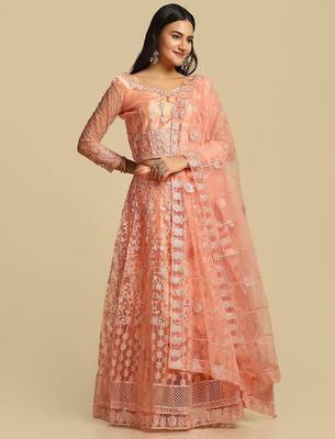 Peach-Coloured Embroidered  Semi-Stitched Lehenga & Unstitched Blouse & Dupatta 3