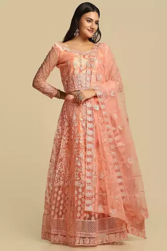 Peach-Coloured Embroidered  Semi-Stitched Lehenga & Unstitched Blouse & Dupatta
