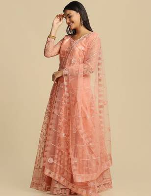 Peach-Coloured Embroidered  Semi-Stitched Lehenga & Unstitched Blouse & Dupatta 4