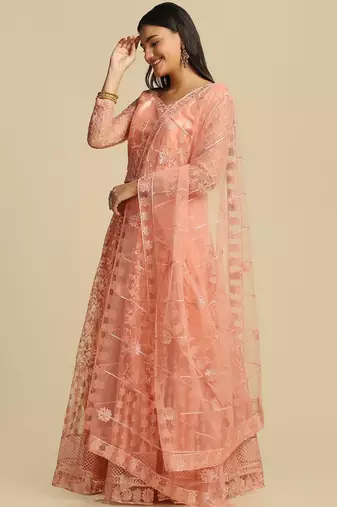 Peach-Coloured Embroidered  Semi-Stitched Lehenga & Unstitched Blouse & Dupatta