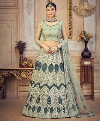 Green & White Embroidered Semi-Stitched Lehenga & Unstitched Blouse & Dupatta 1