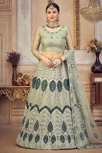 Green & White Embroidered Semi-Stitched Lehenga & Unstitched Blouse & Dupatta