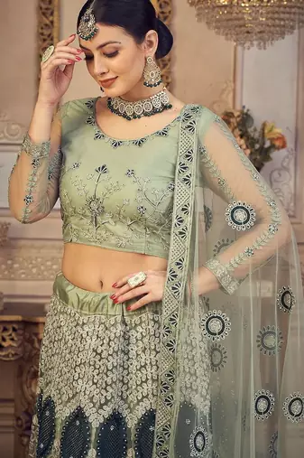 Green & White Embroidered Semi-Stitched Lehenga & Unstitched Blouse & Dupatta