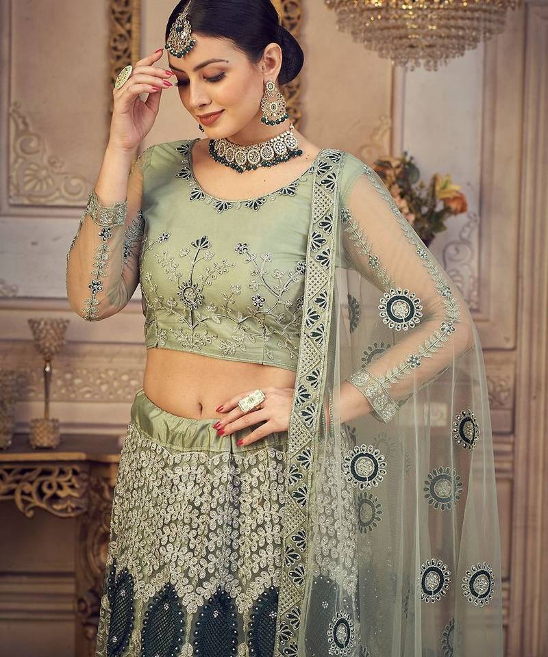 Green & White Embroidered Semi-Stitched Lehenga & Unstitched Blouse & Dupatta