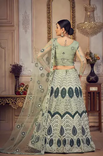 Green & White Embroidered Semi-Stitched Lehenga & Unstitched Blouse & Dupatta