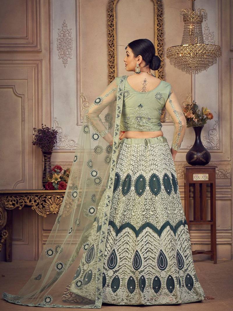 Green & White Embroidered Semi-Stitched Lehenga & Unstitched Blouse & Dupatta